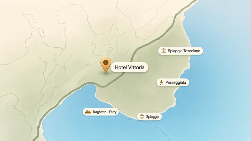 Mappa stilizzata di Maderno con Hotel Vittoria, spiagge e traghetto